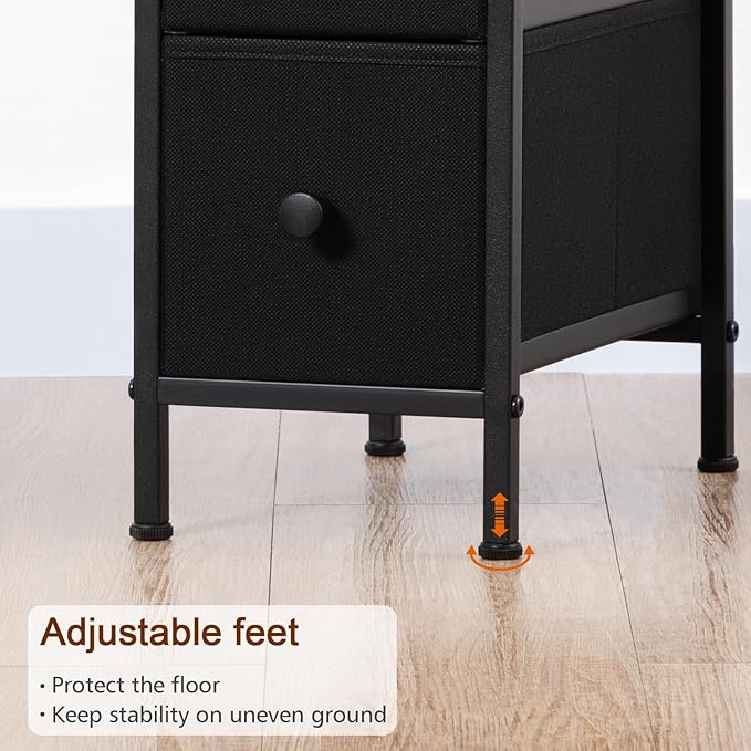 Narrow Nightstand with Charging Station, End Tables Living Room Set of 2, Skinny Side Table with Fabric Drawers, Slim Sofa Table for Bedroom, Small Spaces, Couch, Black, HETNDP02BK