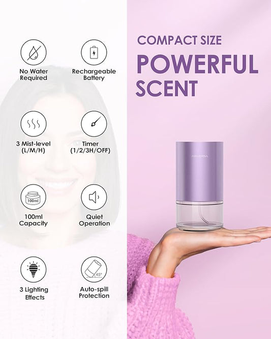 Airversa Essential Oil Diffuser Waterless Aromatherapy Diffusers for Home Large Room, Bedroom, Car, Office, Desk, Battery Operated, Small Diffuser for Pure Scent, 100mL Capacity, AN9 (Lavender)