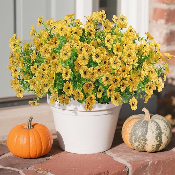 12 Bundles Artificial Flowers for Outdoors Indoor Fall Flowers Home Decoration, Fake Mums Silk Yellow Flower Plant for Outside, Realistic Plastic Flower UV Resistant Faux Mums for Garden Autumn Decor
