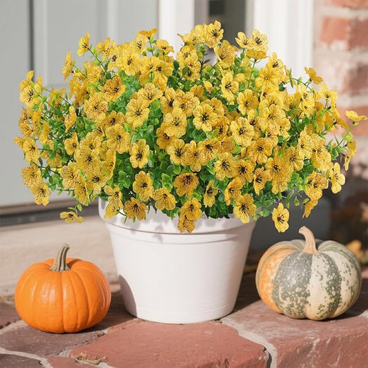12 Bundles Artificial Flowers for Outdoors Indoor Fall Flowers Home Decoration, Fake Mums Silk Yellow Flower Plant for Outside, Realistic Plastic Flower UV Resistant Faux Mums for Garden Autumn Decor