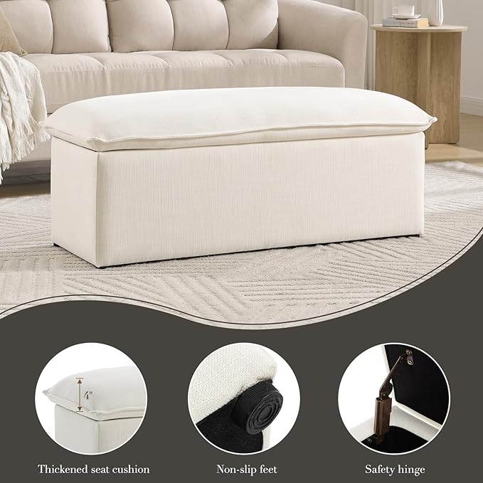 CIMOTA Storage Ottoman Bench, Upholstered End of Bed Storage Bench with Safety Hinge, Large Storage Chest with Seating, Modern Entryway Bench for Bedroom, Living Room, Linen Beige