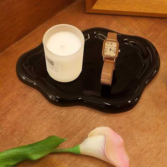 Ceramic Jewelry Tray Trinket Dish, Decorative Cloud Vanity Key Tray for Women, Ring Holder Dish, Cute Jewelry Plate Bowl Room Decor Aesthetic, Black, Large