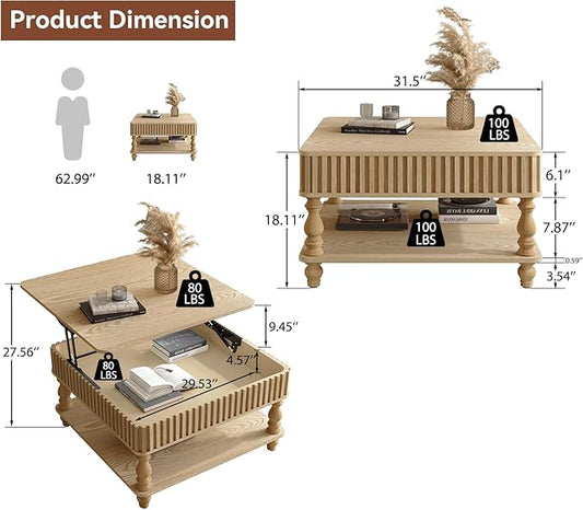 31.5" Lift Top Fluted Coffee Table with Hidden & Open Storage, Modern Square Wooden Center Table Cocktail Tea Table with Curved Safety Corners and Adjustable Height for Living Room, Natural