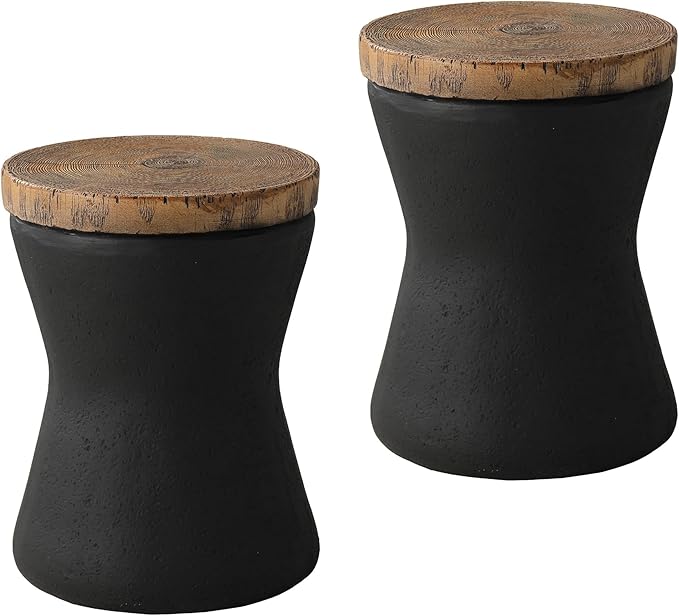 SUNBURY Outdoor Accent Table, 13" W Hourglass Shaped Outdoor Side Table for Patio, Concrete Garden Stool End Table Set of 2, Morden Concrete Side Table Wooden-Look Top for Garden, Backyard