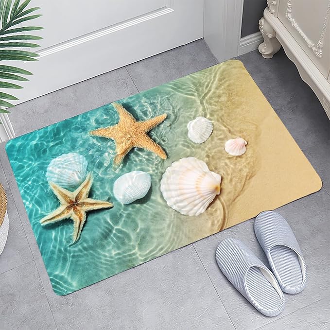 Bath Rugs Sponge Foam Absorbent Soft for Bathroom and Kitchen (21X35.5 inches), Flannel Mat Non Slip Bright 3D Print for Bedside and Living Room(Scallop Starfish)