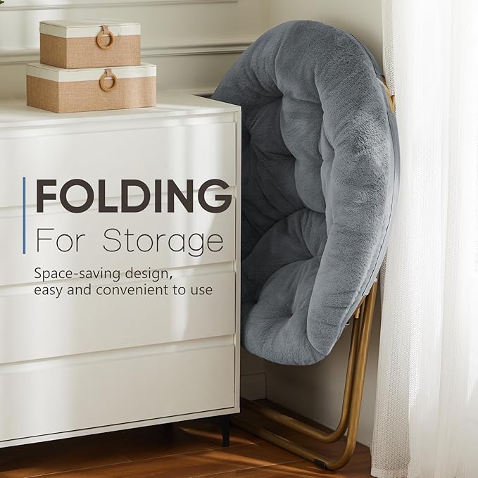 DUMOS Comfy Saucer Chairs Cozy Faux Fur Soft Lounge Cute Folding Bedroom Living Room Seat Flexible Reading Foldable Seating for Kids Adults Thick Padded Metal Frame Modern for Home Office Grey