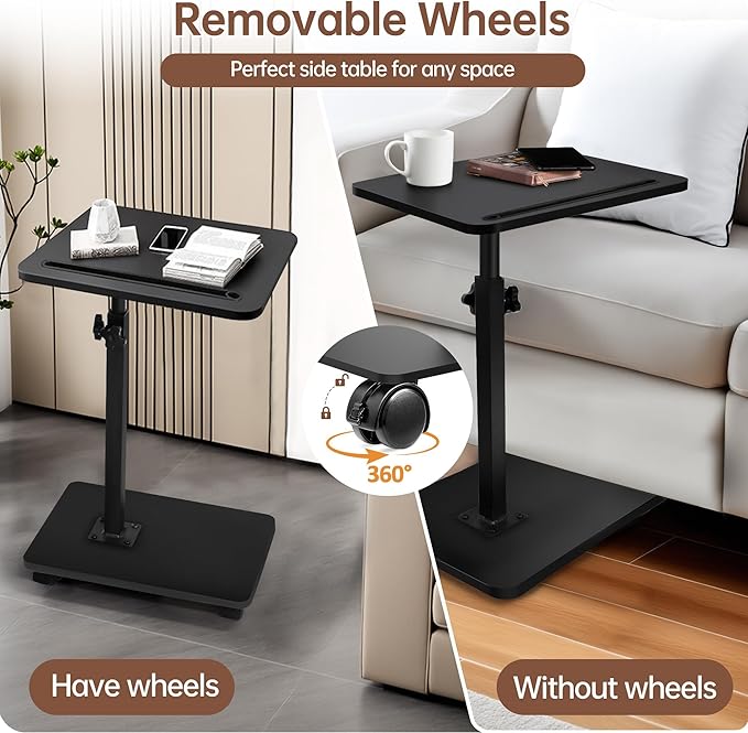 Aoligrace C Table End Table Adjustable Height, 360°Swivel TV Tray Table with Wheels, Small Side Table for Couch C Shaped End Table for Living Room Bedroom Small Spaces(Black 2)