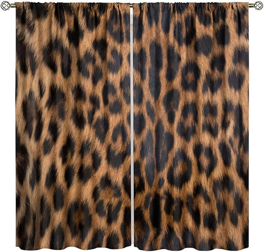 Leopard Print Blackout Curtain, Black Brown Fur Leopard Print Wild Animal Skin Drapes, Window Treatments Rod Pocket 2 Panels Curtains for Dining Room Office Kitchen Bedroom Decor 55"W X 63"L