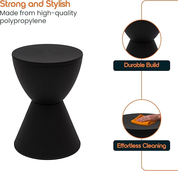 LeisureMod Black Side Table – Modern Hourglass Drum End Table with Storage, Removable Lid – Compact Accent Table for Indoor & Outdoor Use