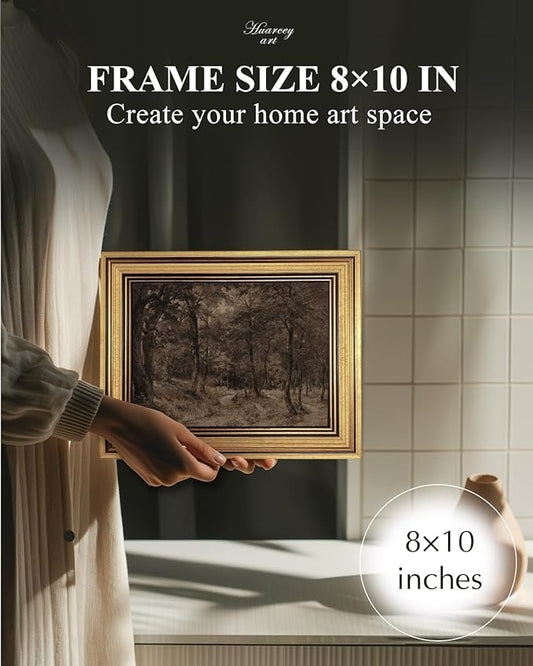HUARCEY Gold Framed Vintage Wall Art for Living Room Nature Painting Prints Shelf Decor for Kitchen Aesthetic Bedroom Wall Art Gifts Charcoal Landscape Home Decor Farmhouse Path Forest Canvas Artwork