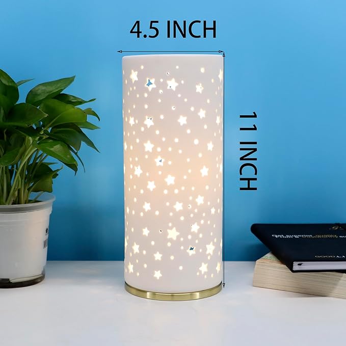 Small Modern Ceramics Bedside Table Lamp, 4.5 x 4.5 x 11 Inch White Starlight Style Nightstand Lamps, Side Table Lamps for Bedroom Living Room Entryway Table Light