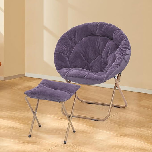 Athena Collection Saucer Chair with Ottoman - Modern Foldable Round Cozy Chair - Purple Faux Fur - 300 lbs Capacity - Ideal for Bedroom, Living Room, Gaming, Reading, Camping