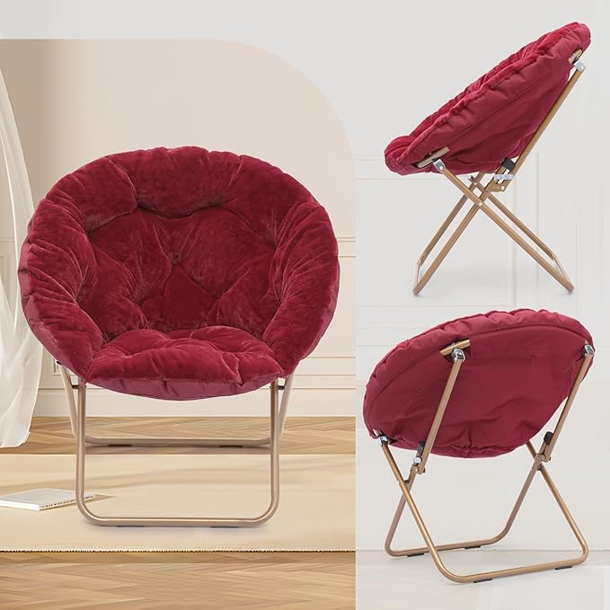Athena Collection Saucer Chair with Ottoman Comfy Chair for Bed Room Living Room Folding Round Cozy Chair Faux Fur Metal Frame Foldable Lazy Chair Accent Chair Reading Chair, Red, Burgundy