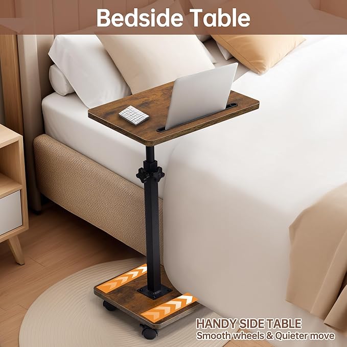 Aoligrace C Table End Table Adjustable Height, 360°Swivel TV Tray Table with Wheels, Small Side Table for Couch C Shaped End Table for Living Room Bedroom Small Spaces (Rustic Brown)