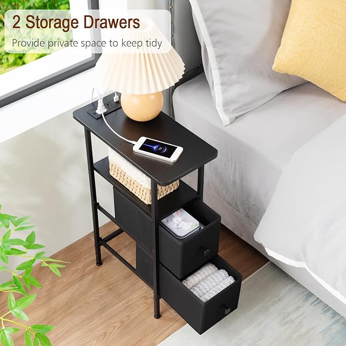 Narrow Nightstand with Charging Station, End Tables Living Room Set of 2, Skinny Side Table with Fabric Drawers, Slim Sofa Table for Bedroom, Small Spaces, Couch, Black, HETNDP02BK
