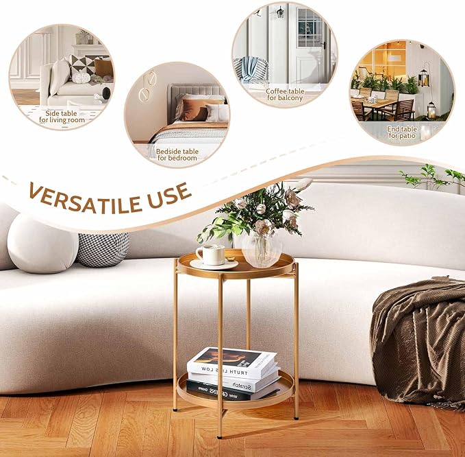 HollyHOME 2-Tier Round Gold Side Table, Outdoor Small Folding Accent Stand with Removable Tray, Anti-Rust Metal Asional Table for Balcony Patio Living Room, Nightstand for Bedroom(Gold)