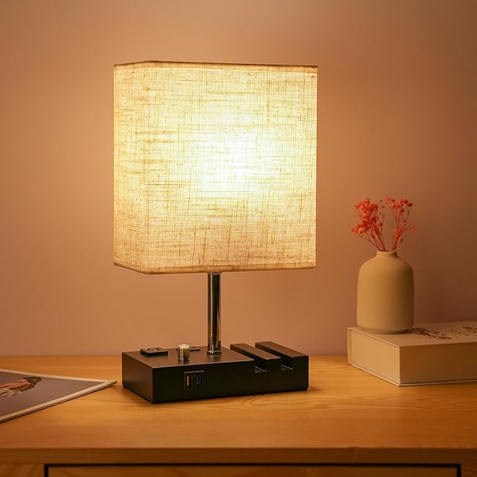Nightstand Lamp for Bedroom with USB A + C Ports, Small Bedside Table Lamp with Charging Outlets and Phone Stands, 3 Color Temperatures Night Stand Light with Bulb for Living Room