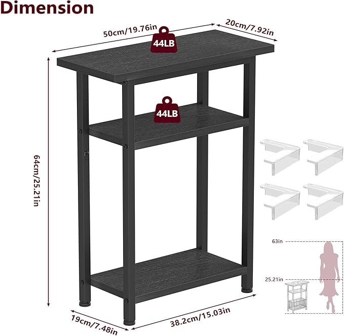 Heybly Small Narrow Side Table for Small Space, Thin Bedside Table, Slim Sofa Table, Skinny End Table, 25.2" Tall Nightstand, Couch Table for Living Room, Bedroom, Study, Balcony, Black, HET005BK1