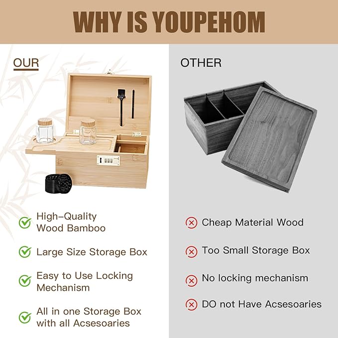 Large bamboo box, locked storage decorative box with combination lock, wooden lock box with lid, wooden locked storage box with removable tray and jars