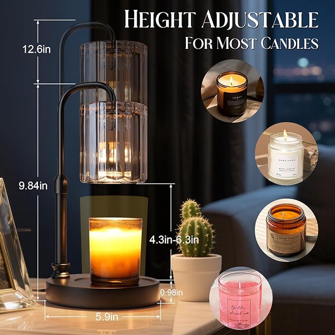 Candle Warmer Lamp with Timer Dimmer, Adjustable Height Candle Wax Warmer Warming Lamp with 2x50W Bulbs for Scented Candles for Housewarming Bedroom Home Decor Mom Women