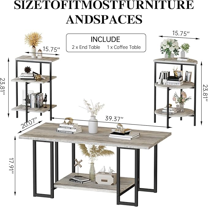 AWQM Faux Marble Table Set, Coffee Table & 2 Side Table, Faux Marble Tabletop and Metal Frame, 3 PieceTable Sets, for Living Room Apartment, Grey