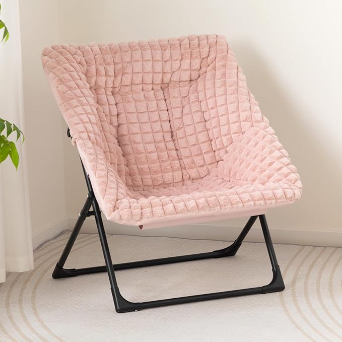 HollyHOME X-Large Saucer Chair, Comfy Oversized Folding Chair, Faux-Fur Reading Chair for Teens, Adults, Foldable Accent Lazy Chair, Metal Lounge Chair for Living Room, Bedroom, Dorm, Grid Pink