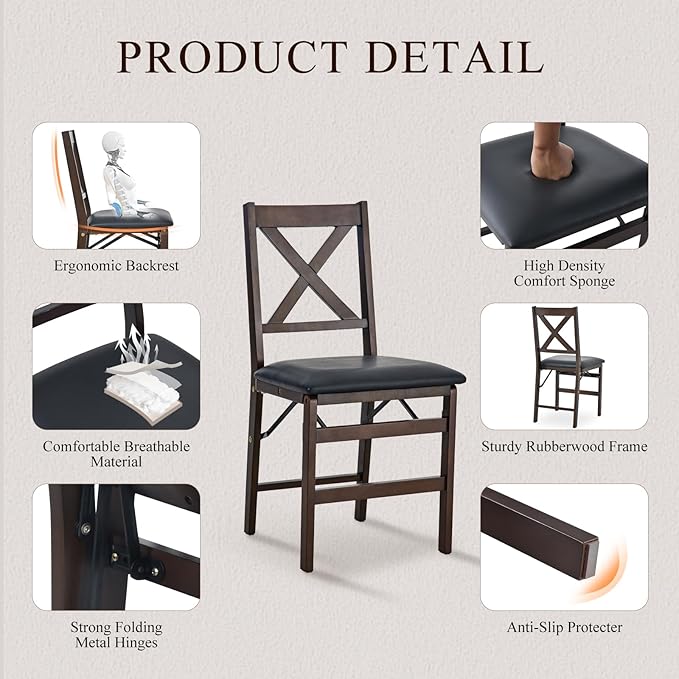 COLAMY Folding Dining Chairs Set of 6, Foldable Chairs with Padded Seats, Wood Folding Dining Room Chairs for Kitchen, Party, Camping, Dark Brown