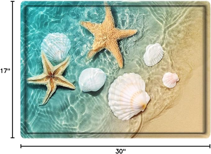 Bath Rugs Sponge Foam Absorbent Soft for Bathroom and Kitchen (30 x17 inches), Flannel Mat Non Slip Bright 3D Print for Bedside and Living Room(Scallop Starfish)