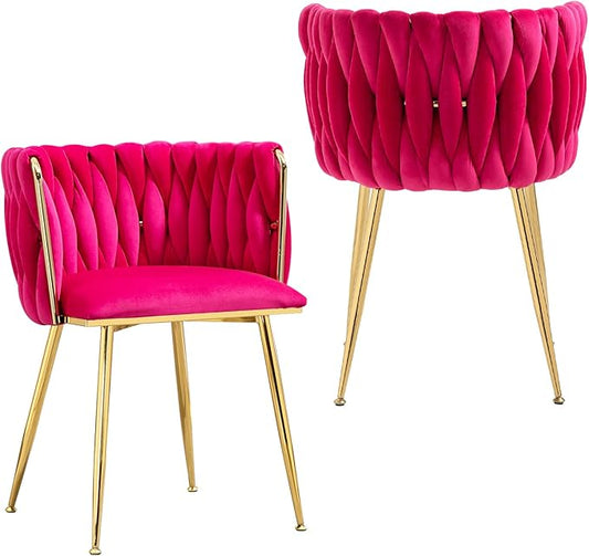 NIOIIKIT Modern Velvet Dining Chairs Hand Weaving Accent Chairs Living Room Chairs Upholstered Side Chair with Golden Metal Legs for Dining Room Kitchen Vanity Living Room (Rosered)