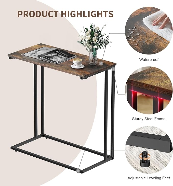 C-Shaped Side Table, Modern End Table with Metal Frame, Space Saving Design for Living Room，Large Surface Couch Table for Bedroom, and Home Office，24 x 12 x 24 inches (Brown)