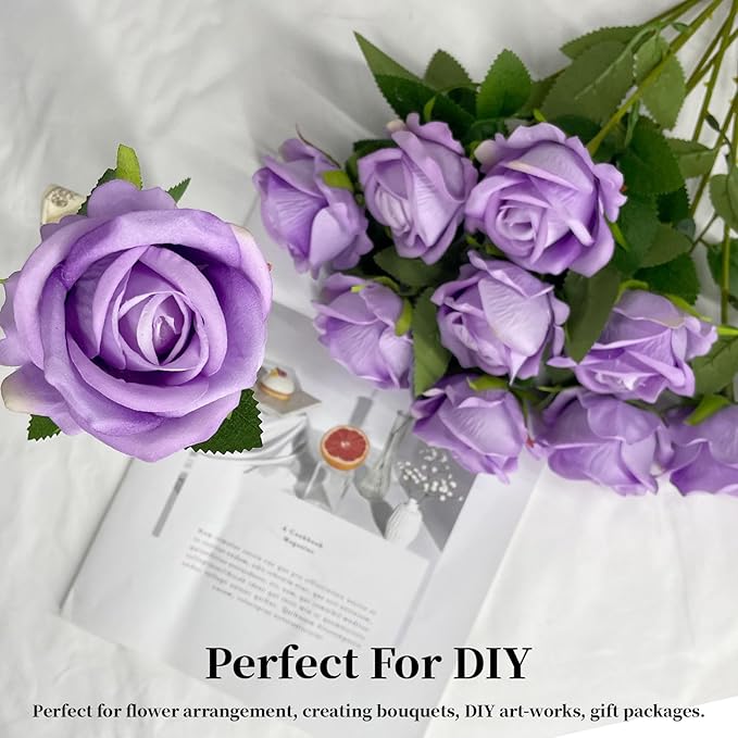 10 PCS Artificial Roses with Long Stems Silk Flowers Realistic Foam Flowers Fake Roses for Valentine's Day Home Wedding Halloween Decor(Light Purple)