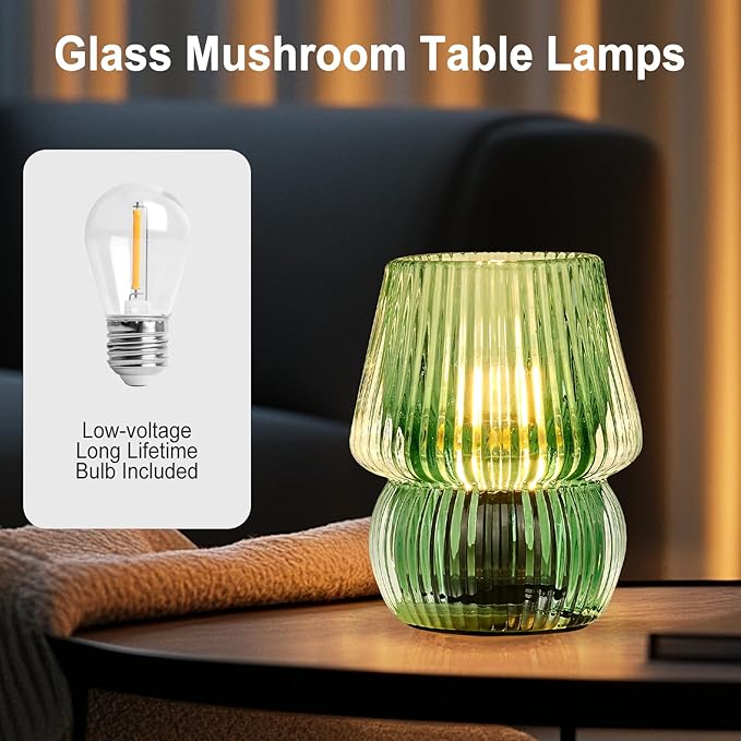 Battery Operated Lamp with Timer, Small Cute Cordless Glass Table Lamp for Home Decor, Kitchen, Bathroom, Birthday Gift for Women, Mushroom, Green