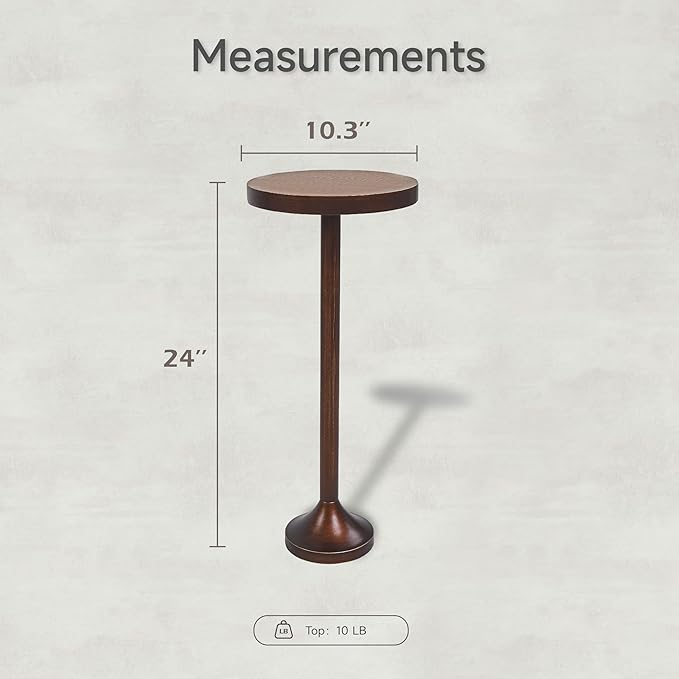 Small Pedestal End Table, Metal Base Side Table, Drinking Table with Scratching Distressed Finish, Light Espresso