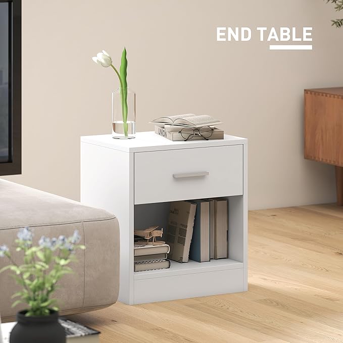 HOMCOM Modern Side Table, Accent Table with Drawer and Storage Shelf, End Table for Living Room, White Wood Grain