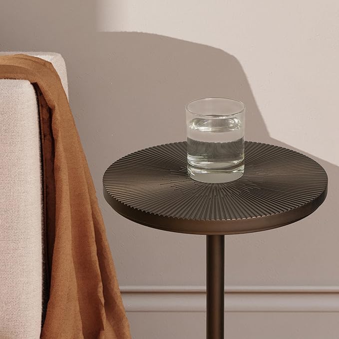 Drink Table, Carved Table Top Martini Table, Small Side Table, Weighted Base Pedestal Table for Living Room, Bedroom, Bathroom, Brown