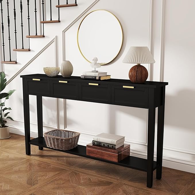 Long Console Table for Entryway with 4 Drawers, 60 Inch Entryway Table w/Open Shelf and Handmade Metal Handle, Narrow Foyer Sofa Table for Living Room, Bedroom, Hallway, Black