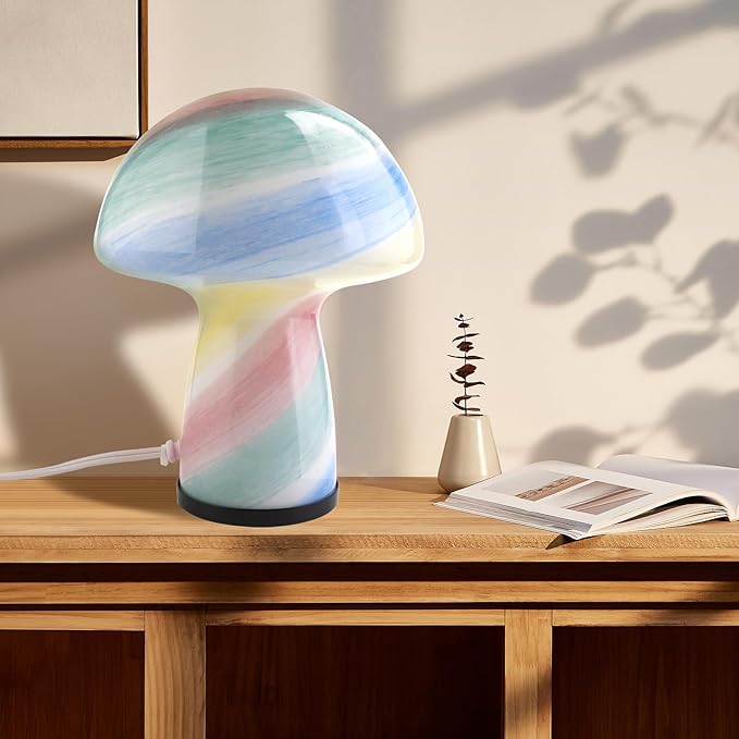 Dimmable Mushroom lamp,Glass Mushroom Bedside Table Lamp Translucent Vintage Style Small Nightstand Desklamp Light for Home Decor, Dining, Living, Bedroom, Gift.（Rainbow Color）