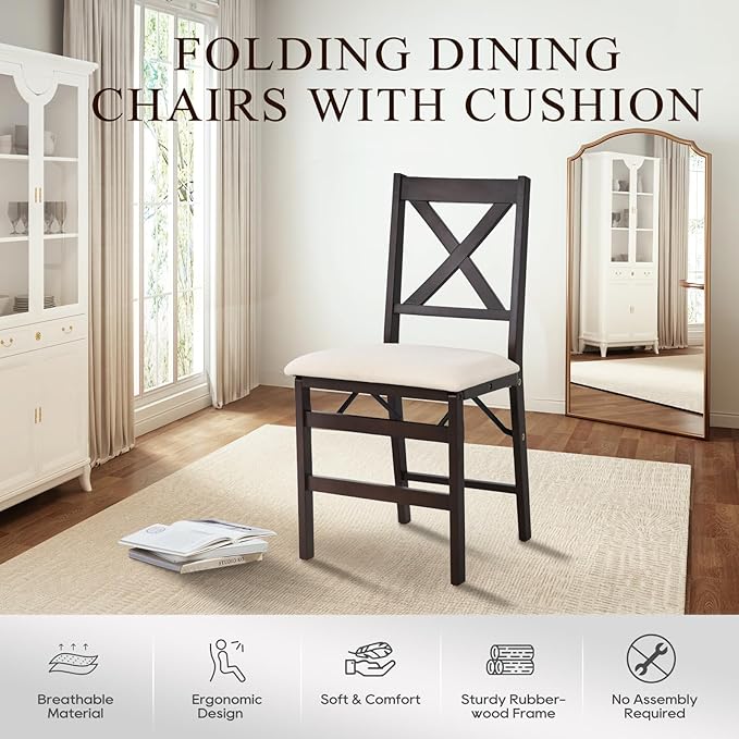 COLAMY Folding Dining Chairs Set of 6, Foldable Chairs with Padded Seats, Wood Folding Dining Room Chairs for Dinner, Kitchen, Party, Camping, Beige