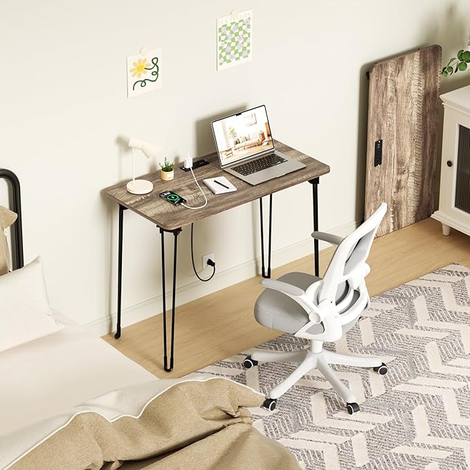 Folding Desk, 31.5" Hairpin Legs Small Desk with Power Strip for Bedroom, Space Saving Foldable Computer Desk for Home Office, No Assembly Need,Light Brown