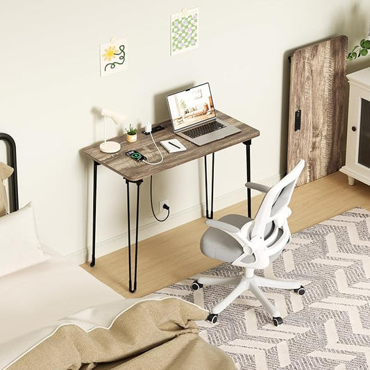 Folding Desk, 31.5" Hairpin Legs Small Desk with Power Strip for Bedroom, Space Saving Foldable Computer Desk for Home Office, No Assembly Need,Light Brown