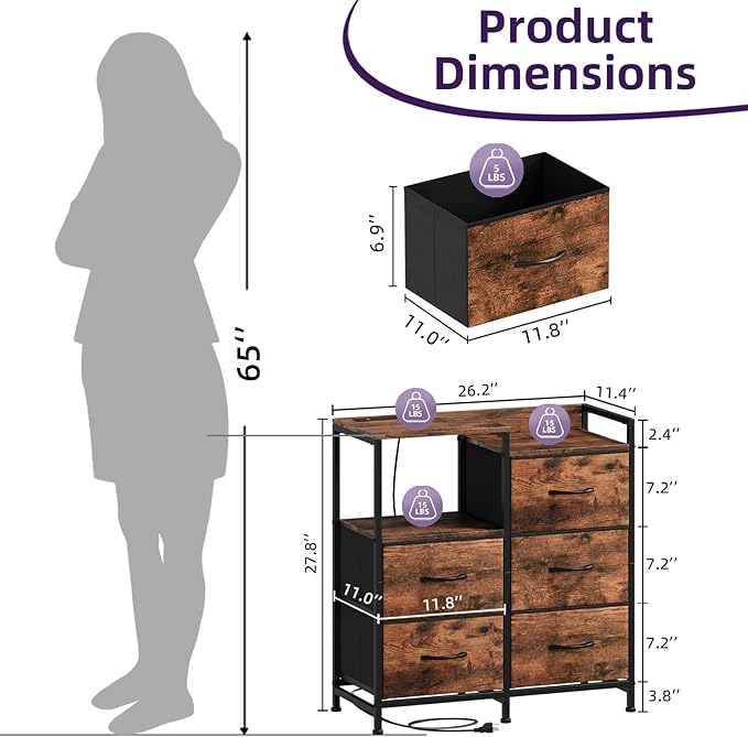 Somdot Nightstand with Charging Station and LED Light, Wide 5 Drawers Dresser for Bedroom with Fabric Bins and Open Shelf for Bedroom Kids Closet Dorm Guest Room, Wood Grain Print