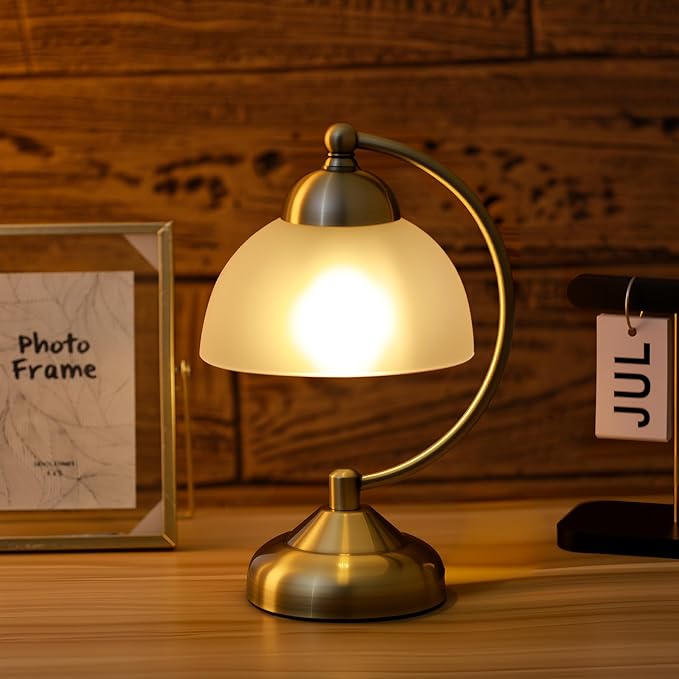 Small Modern Touch Glass Bedside Table Lamp, 7 x 7 x 10 Inch Bronze Base Table Lamp for Bedrooms and Office (White Frosted Glass Shade)