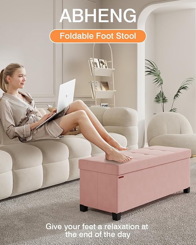 Foldable Storage Ottoman Bench, Velvet Footrest and Seat Cube with Feet, Storage Chest, for Living Room, Bedroom and Office, 15 x 43 x 15.7 Inches, Jelly Pink, ASND24P
