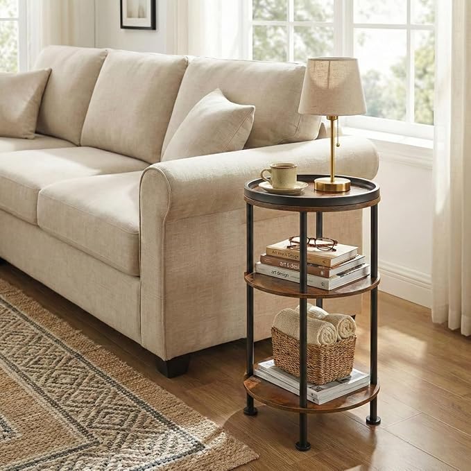 Small Round Side Table with Tray Top (Patented Design), 11.8" Narrow End Table for Small Spaces, 3-Tier Industrial Nightstand, Original Rustic Accent Furniture for Living Room Bedroom, Rustic Brown