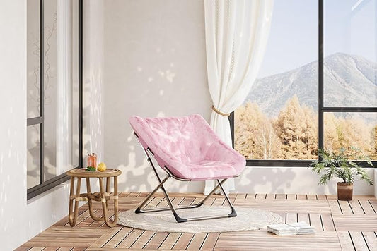 Folding Saucer Chair for Adults, Comfortable Living Room Lounge Chair with Soft Faux Fur Cushion, No Assembly Required, Foldable Accent Furniture for Apartments/Dorms/Bedrooms, Pink