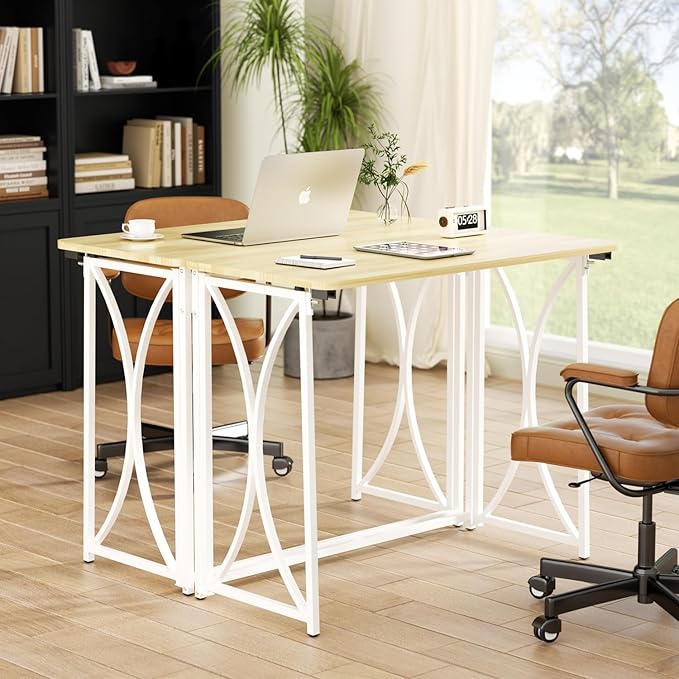 Mini Desk, 31.5" Small Desk for Bedroom, Foldable Desks for Small Spaces & Home Office, Easy Assembly, Beige Floor Patten