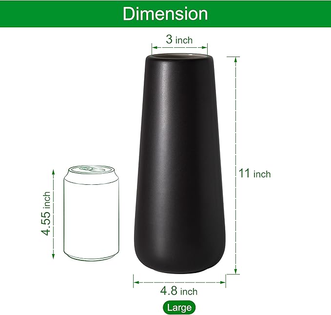 D'vine Dev 11 Inch Ceramic Flower Vase Matte Finishing, Minimalist Design for Home Décor, Bedroom, Living Room, Centerpieces, Office, Ebony Black, VS-XH-E-2
