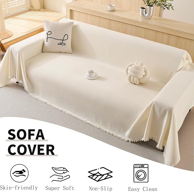 100% Waterproof Couch Cover Sofa Covers for Sectional Couches Reclining Armseat/Chair/Futon Sofa SlipCover for Dog Pet-Friendly Furniture Protector for Living Room with Tassel(71" x 51", Beige)