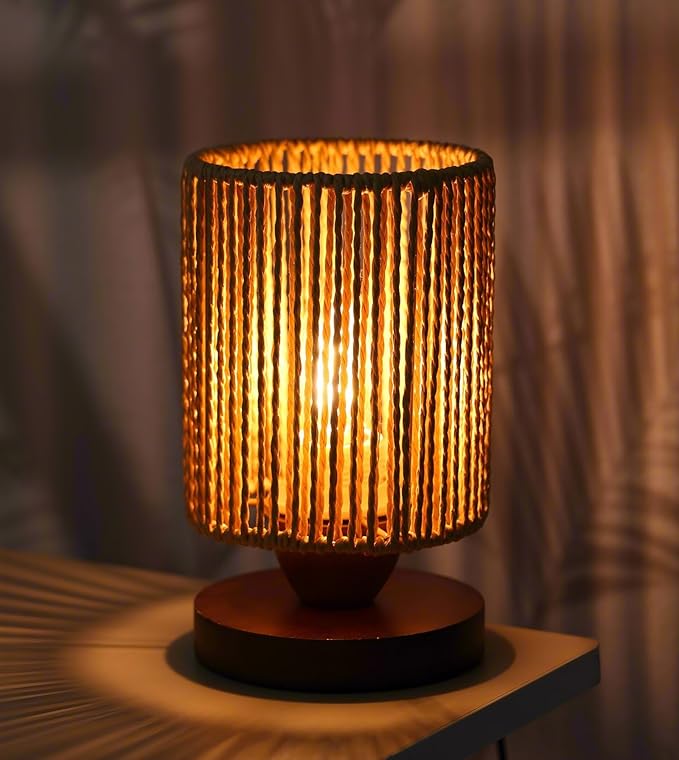 Rattan Table Lamp,Boho Small Beside Lamp,Farmhouse Table Lamp for Room Decor,Vintage Wicker Wooden Nightstand Bamboo Woven End Table Lamps for Bedroom Living Room Desk Kids Room,LED Bulb Included