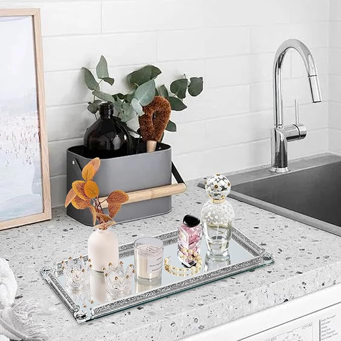 Silver Glass Vanity Tray,Perfume Tray,Mirror Trays for Bedroom Dresser,Decorative Tray for Home Decor Christmas Brithday Gift(Silver Crushed Diamond)